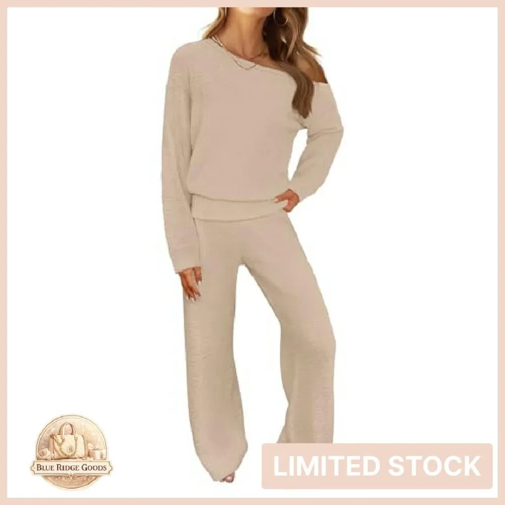 Fuzzy Fleece Off Shoulder Pajama Set Chic Loungewear Wide Leg Pants